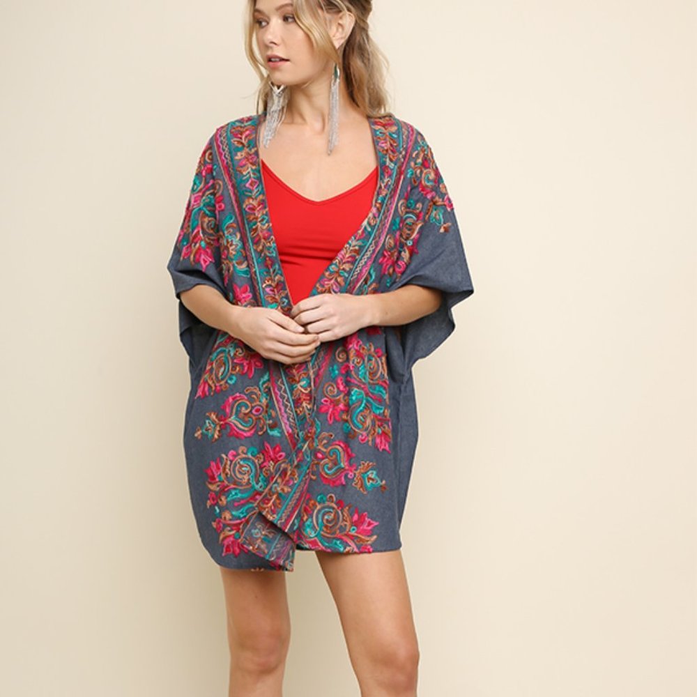 Umgee NWT BOHO Embroidered Denim Open Front Kimono, Size S/M